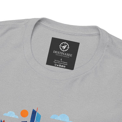 Light gray crewneck t-shirt with small square logo tag at neckline