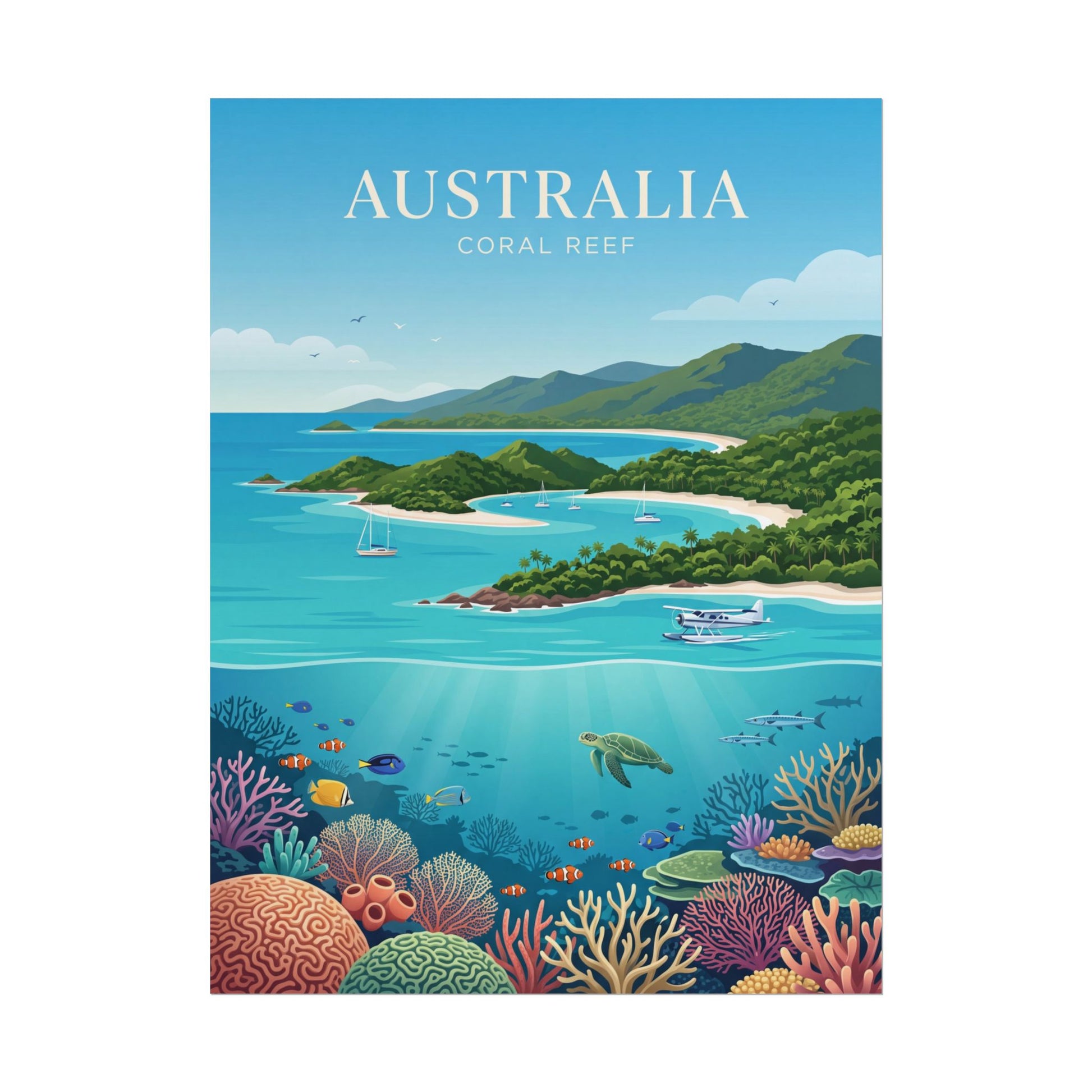 Rolled Australia coral reef poster with coastal islands, boats, and vibrant underwater corals.