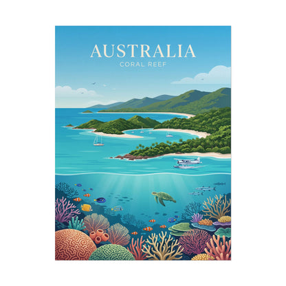 Rolled Australia coral reef poster with coastal islands, boats, and vibrant underwater corals.