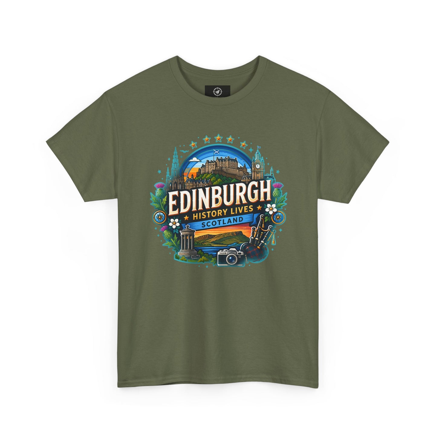 Green crew-neck travel T-shirt with colorful Edinburgh graphic on the front