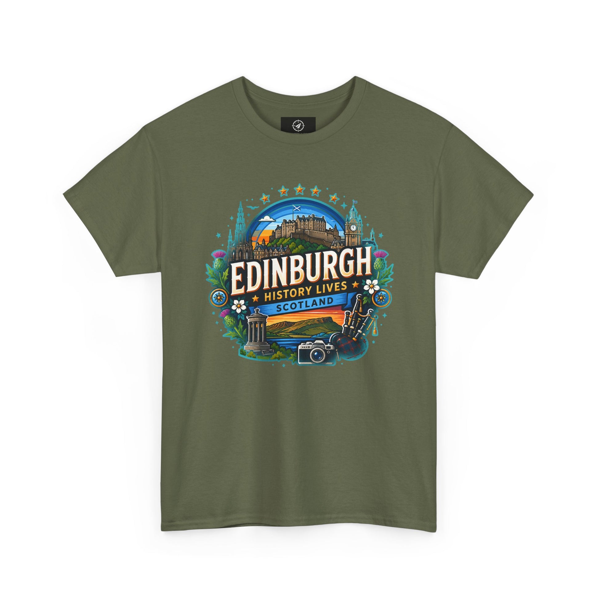 Green crew-neck travel T-shirt with colorful Edinburgh graphic on the front