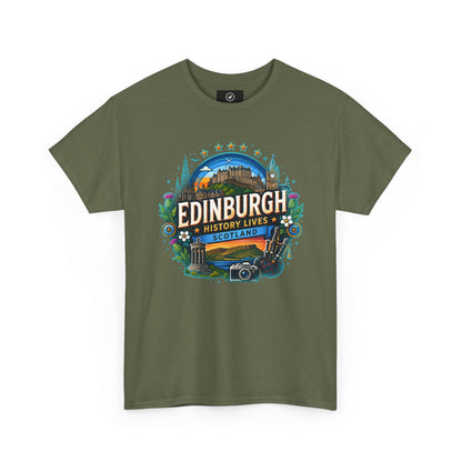 Green crew-neck travel T-shirt with colorful Edinburgh graphic on the front