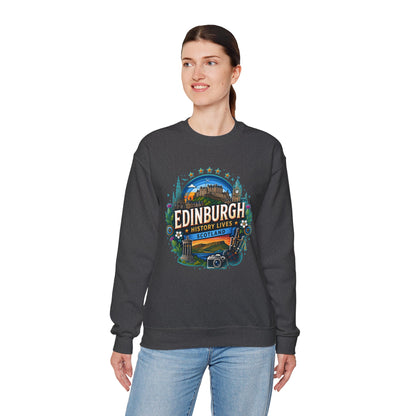 Dark heather crewneck sweatshirt with Edinburgh graphic print, front view on model