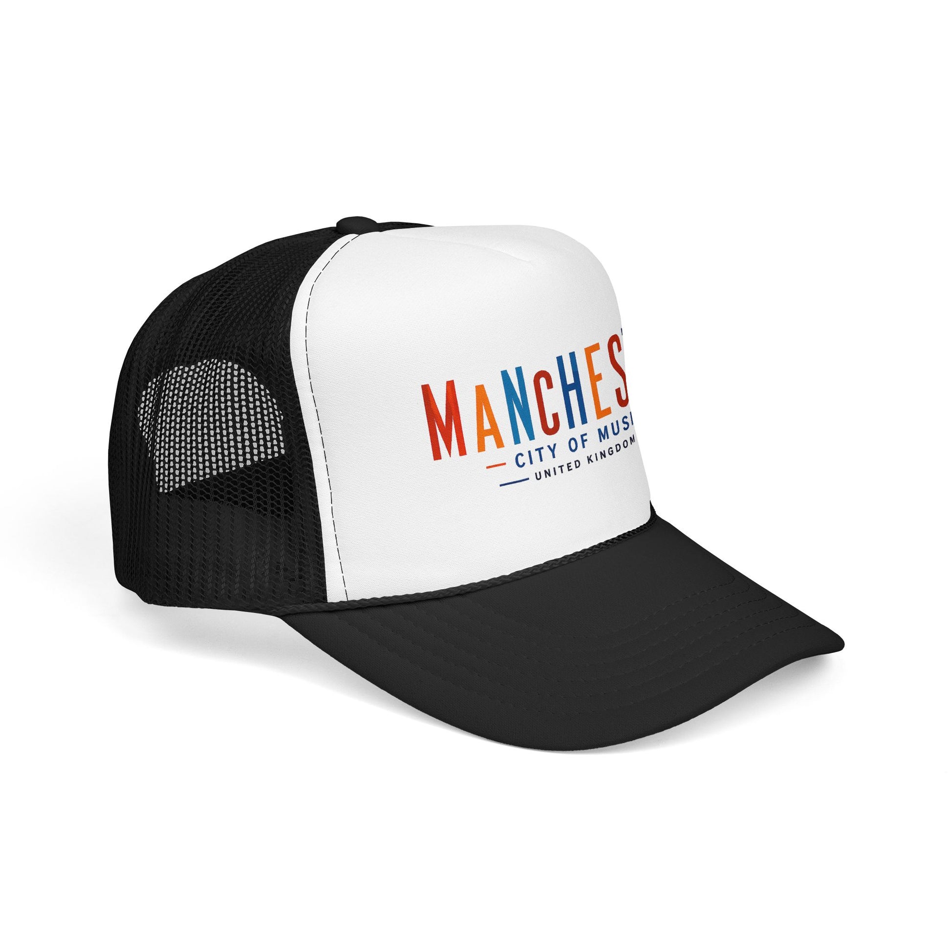 White front trucker hat with black mesh sides, Manchester logo, and curved brim