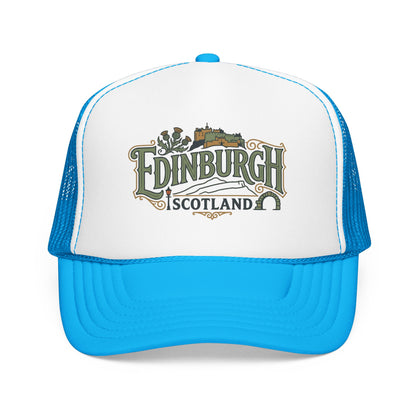 White and blue trucker hat with mesh back and Edinburgh Scotland logo