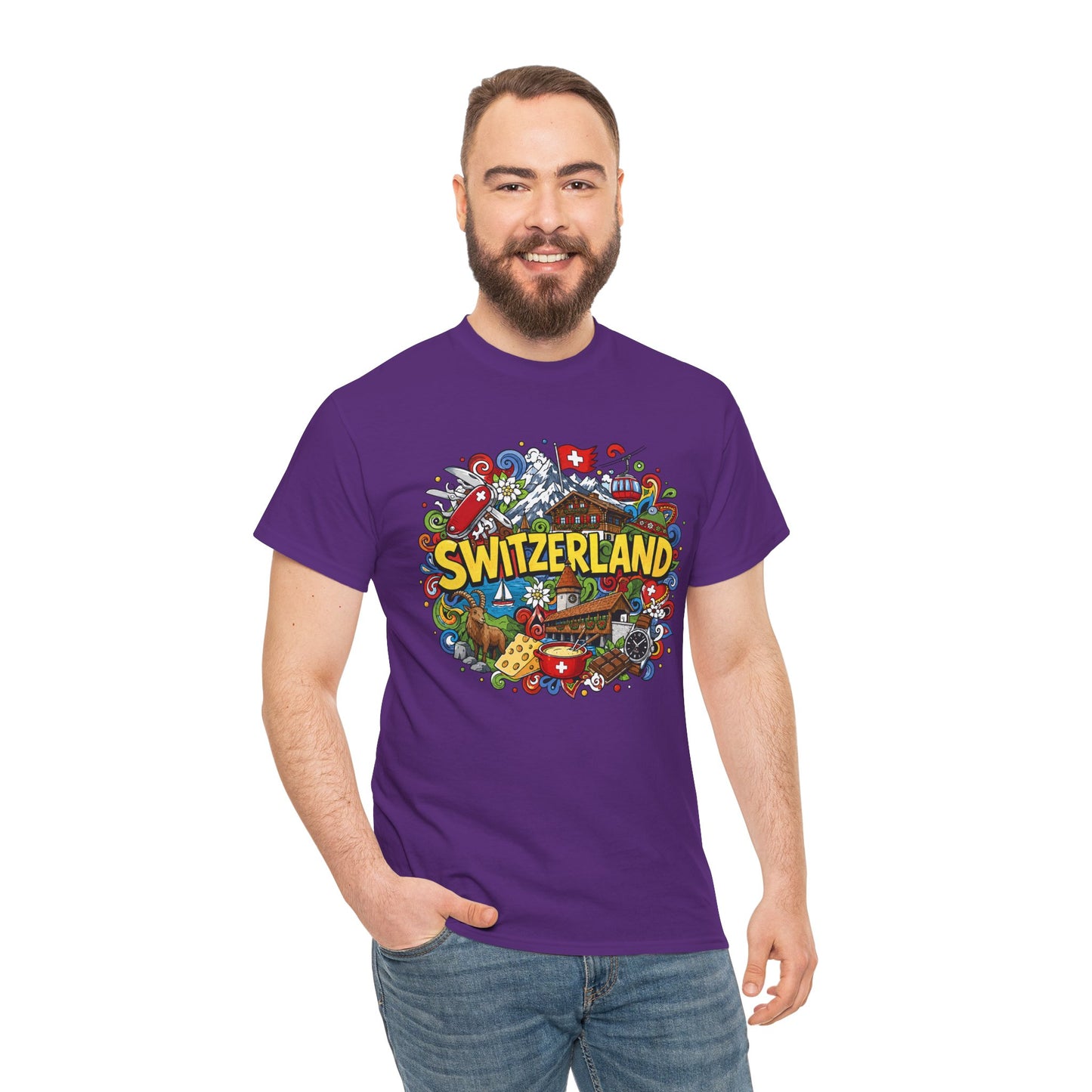 Purple travel t-shirt with colorful Switzerland-themed front graphic