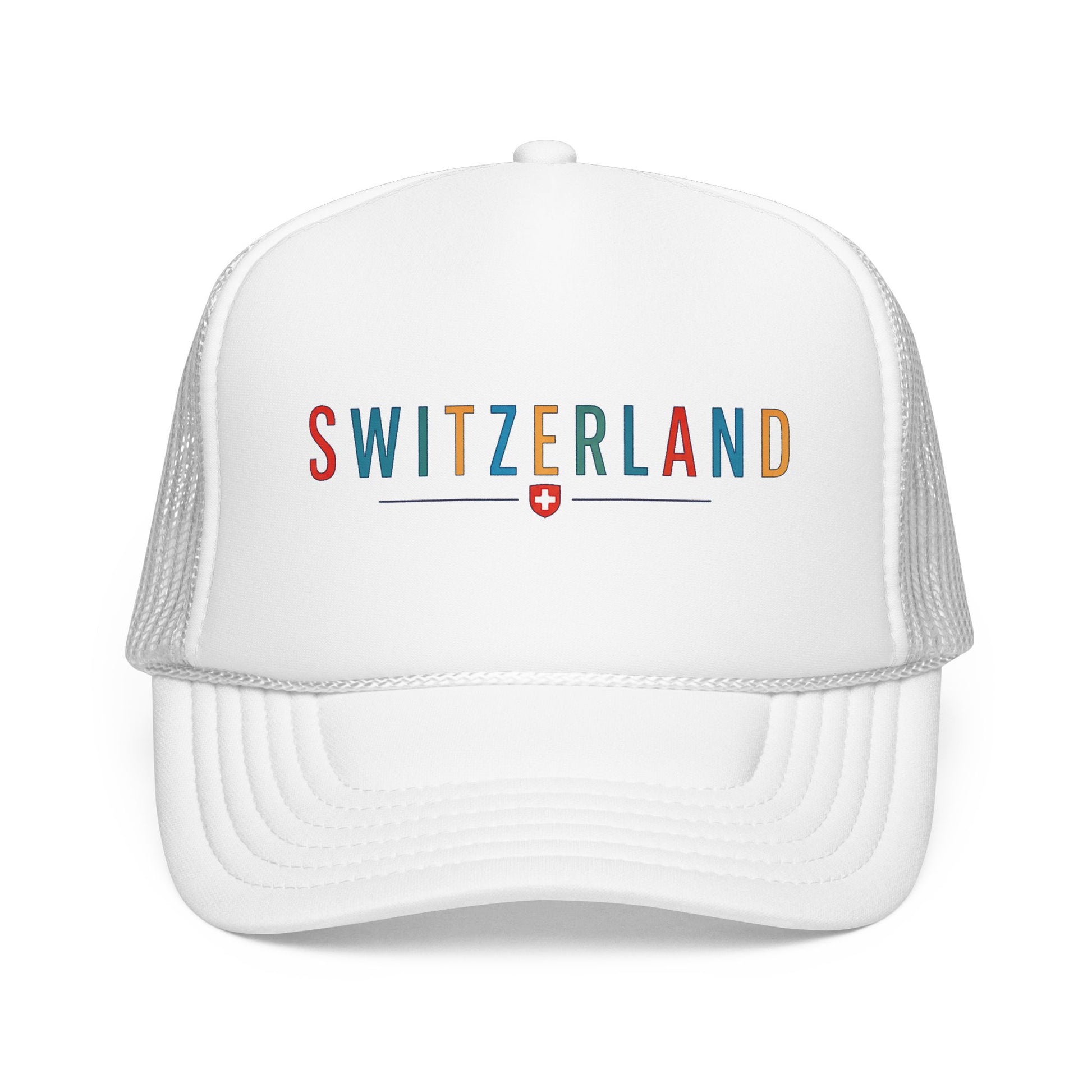 White foam trucker cap with mesh sides and 'SWITZERLAND' logo
