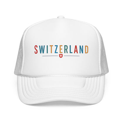 White foam trucker cap with mesh sides and 'SWITZERLAND' logo