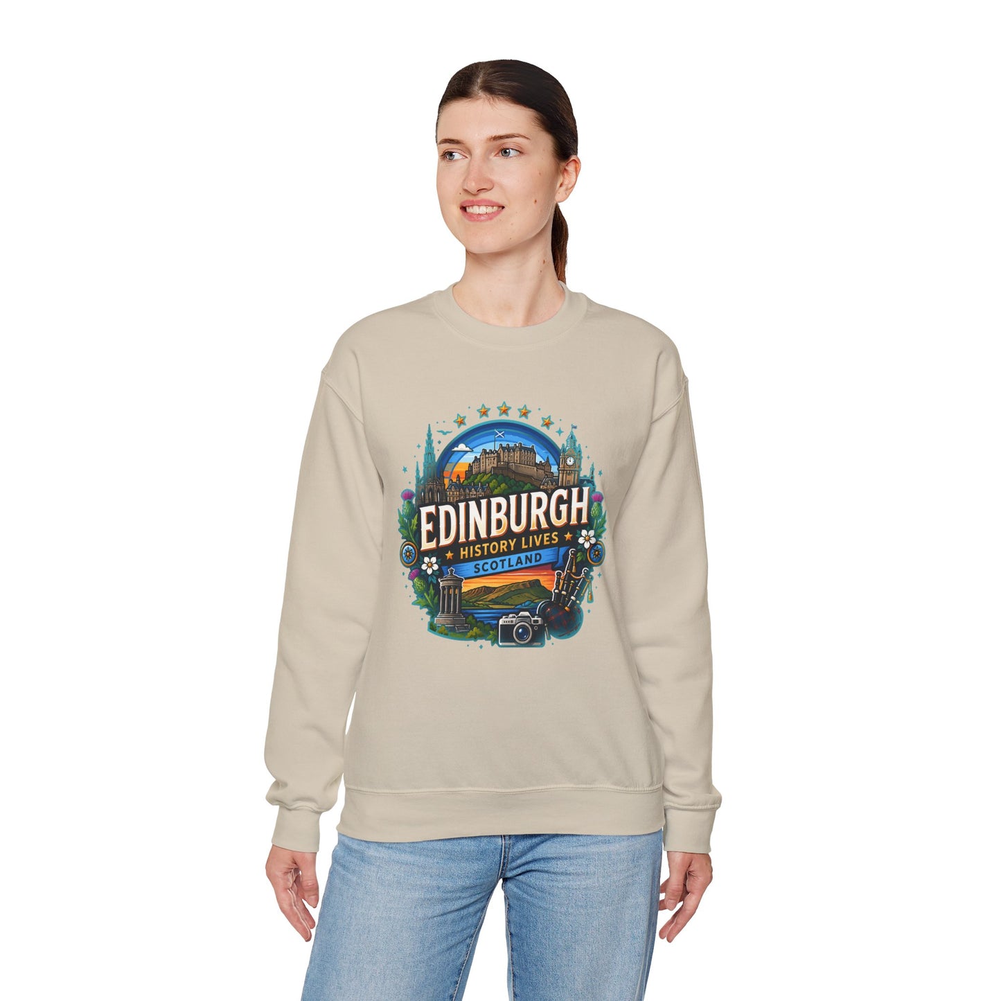 Light sand crewneck sweatshirt with front printed Edinburgh graphic logo