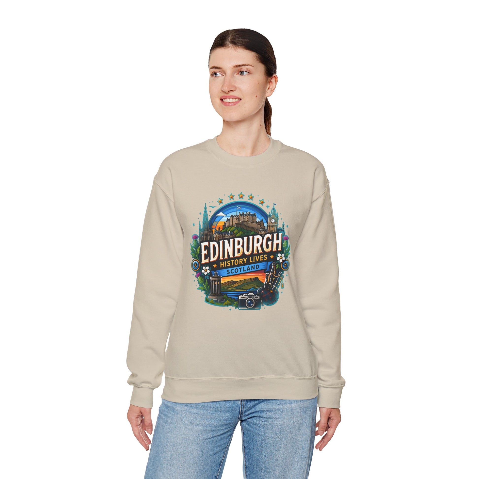 Light sand crewneck sweatshirt with front printed Edinburgh graphic logo
