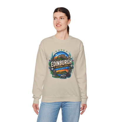 Light sand crewneck sweatshirt with front printed Edinburgh graphic logo