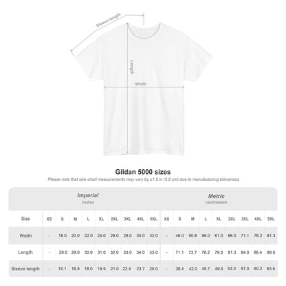 White t-shirt size chart showing width and length measurements