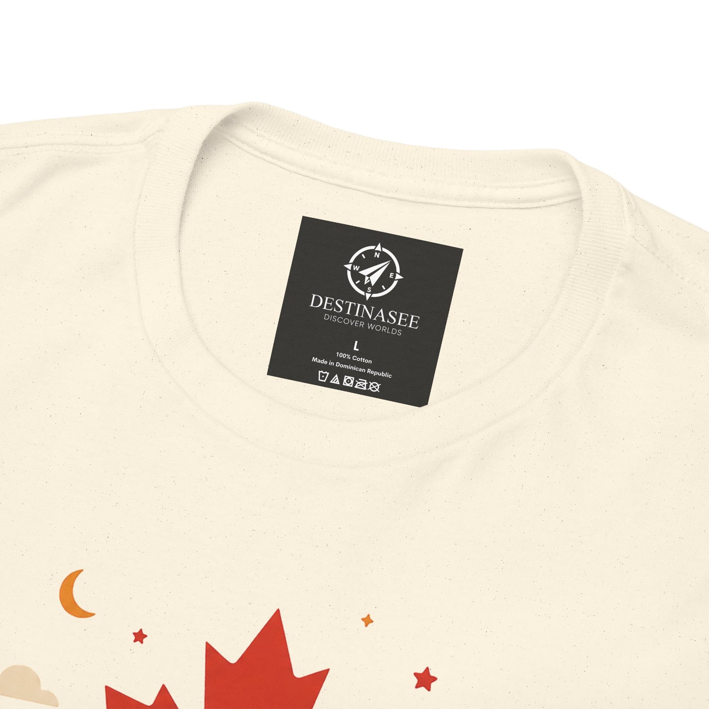 Light tan T-shirt back collar area with black brand label and maple print