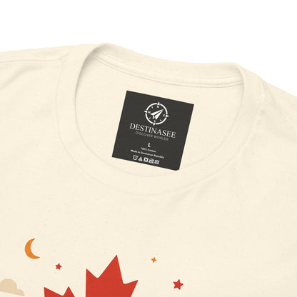 Light tan T-shirt back collar area with black brand label and maple print