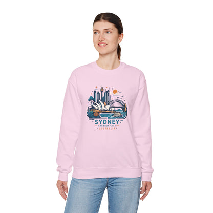 Light pink crewneck sweatshirt with colorful Sydney harbor city graphic on chest