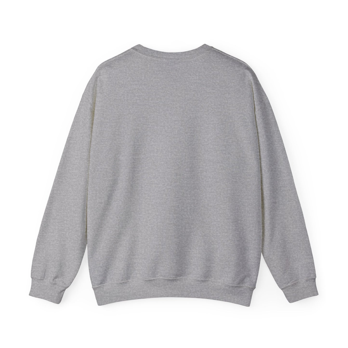 Heather gray crewneck sweatshirt, long sleeves, back view