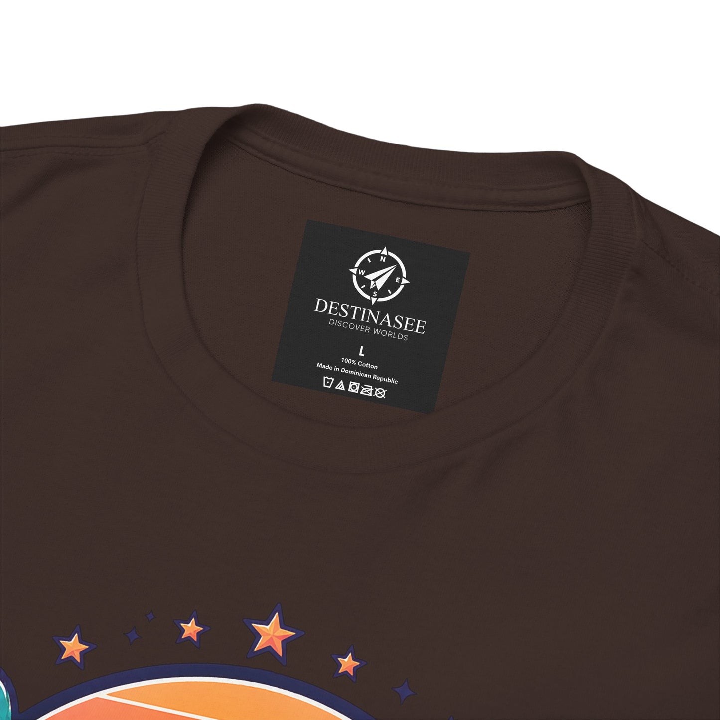 Dark brown T-shirt with “Destinasee” neck label and multicolor star sunrise graphic