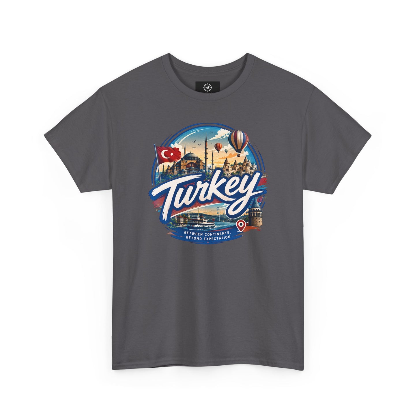 Charcoal crewneck T-shirt with circular Turkey graphic on chest