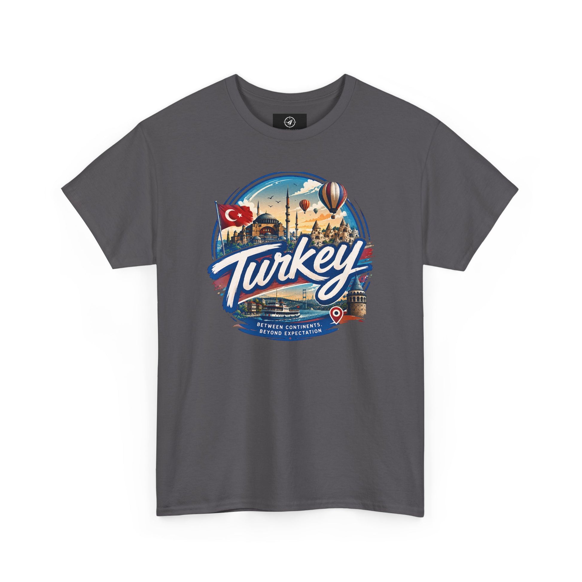 Charcoal crewneck T-shirt with circular Turkey graphic on chest