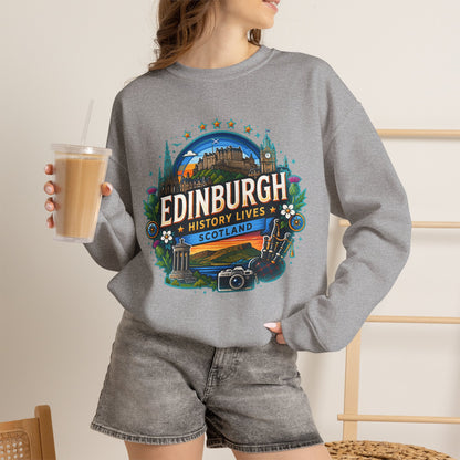 Heather grey crewneck sweatshirt with colorful Edinburgh graphic print on the chest