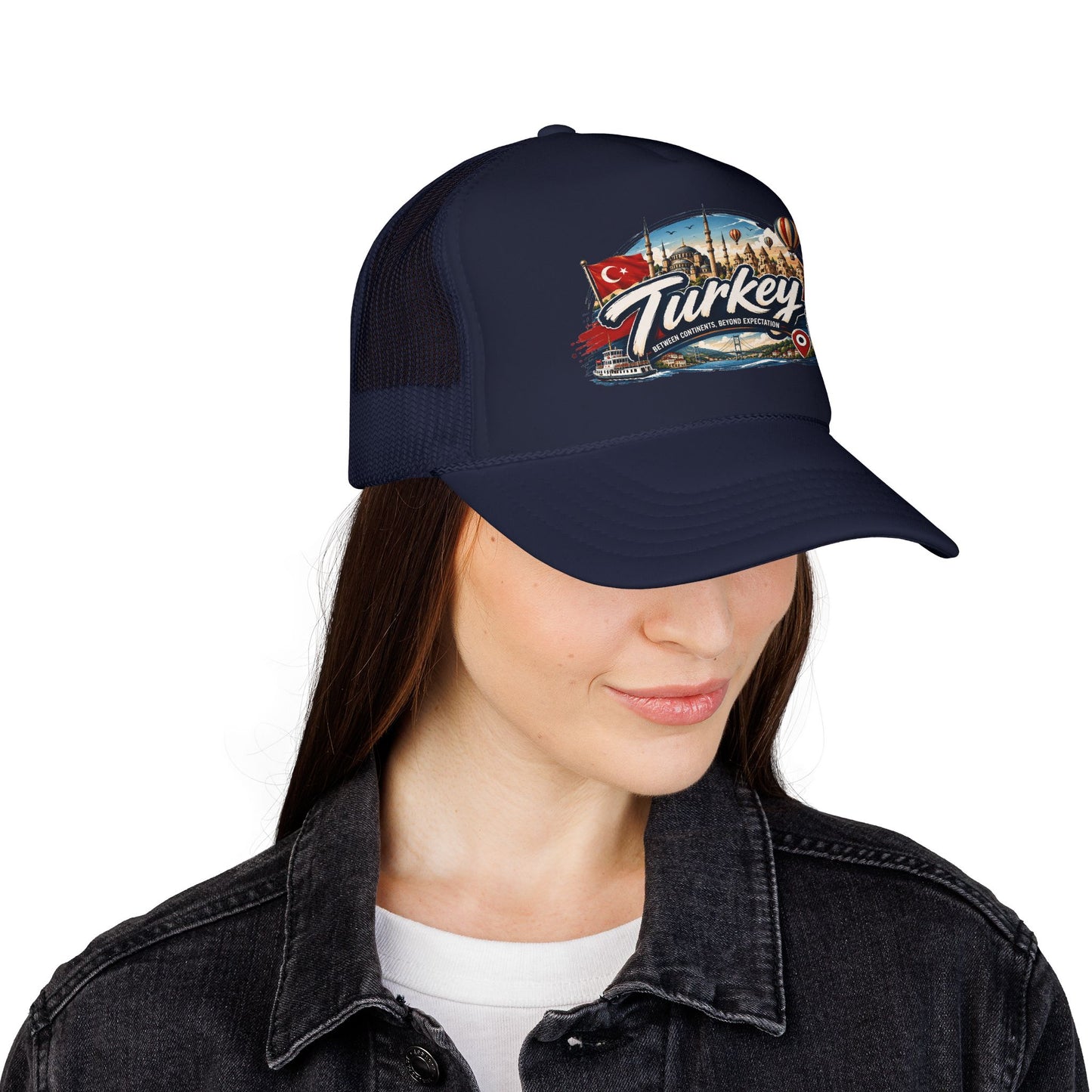Navy trucker hat with mesh back and Turkey-themed front graphic