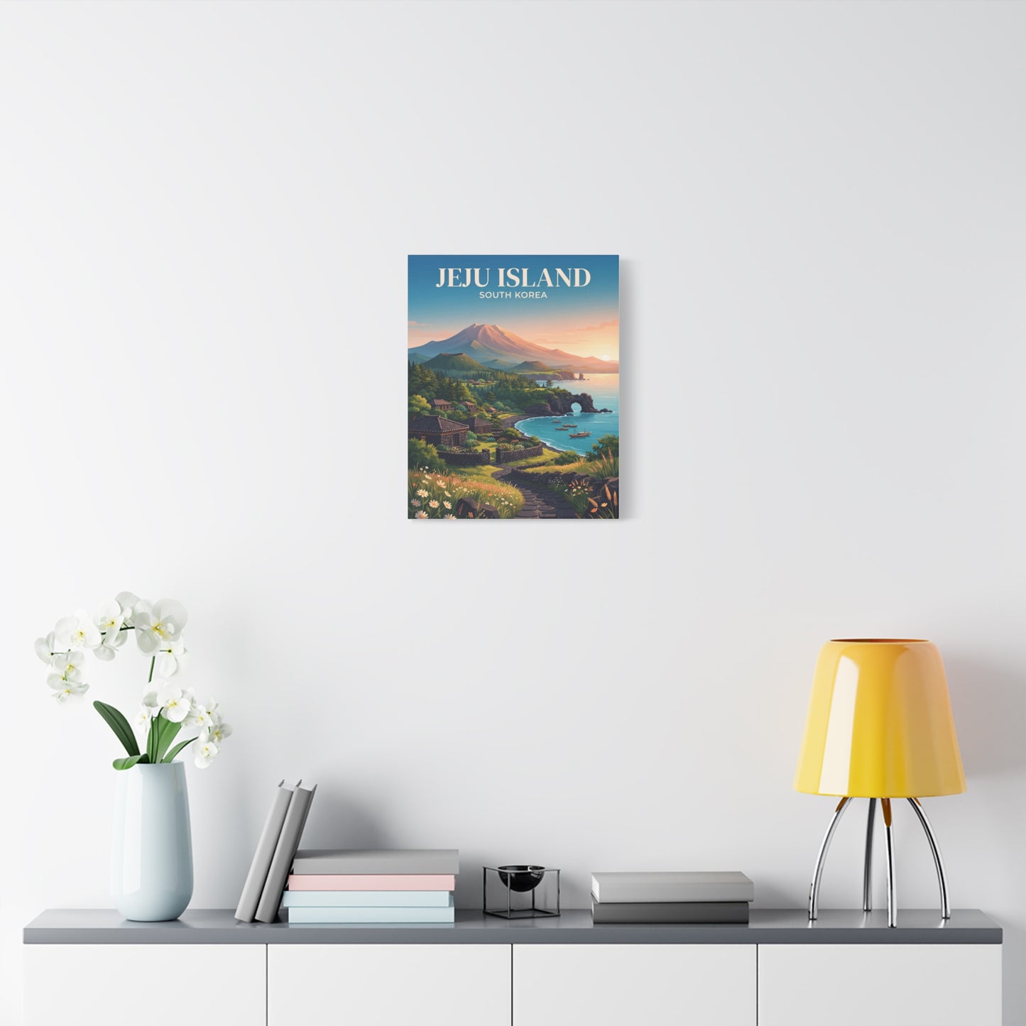 Matte canvas wall art, vertical landscape with sea, mountains, and JEJU ISLAND text