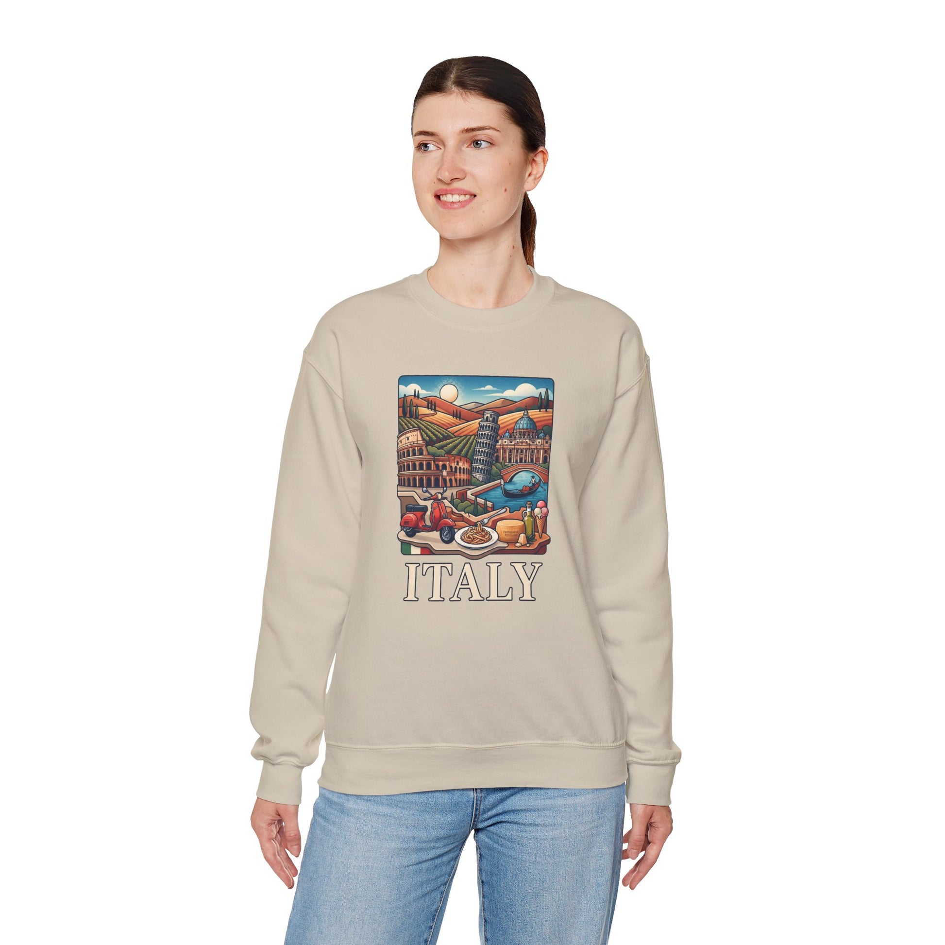 Italy travel sweatshirt, sand crewneck with colorful “ITALY” graphic on the front