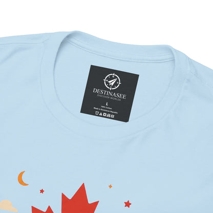 Light blue T-shirt back collar with black brand label and red maple print