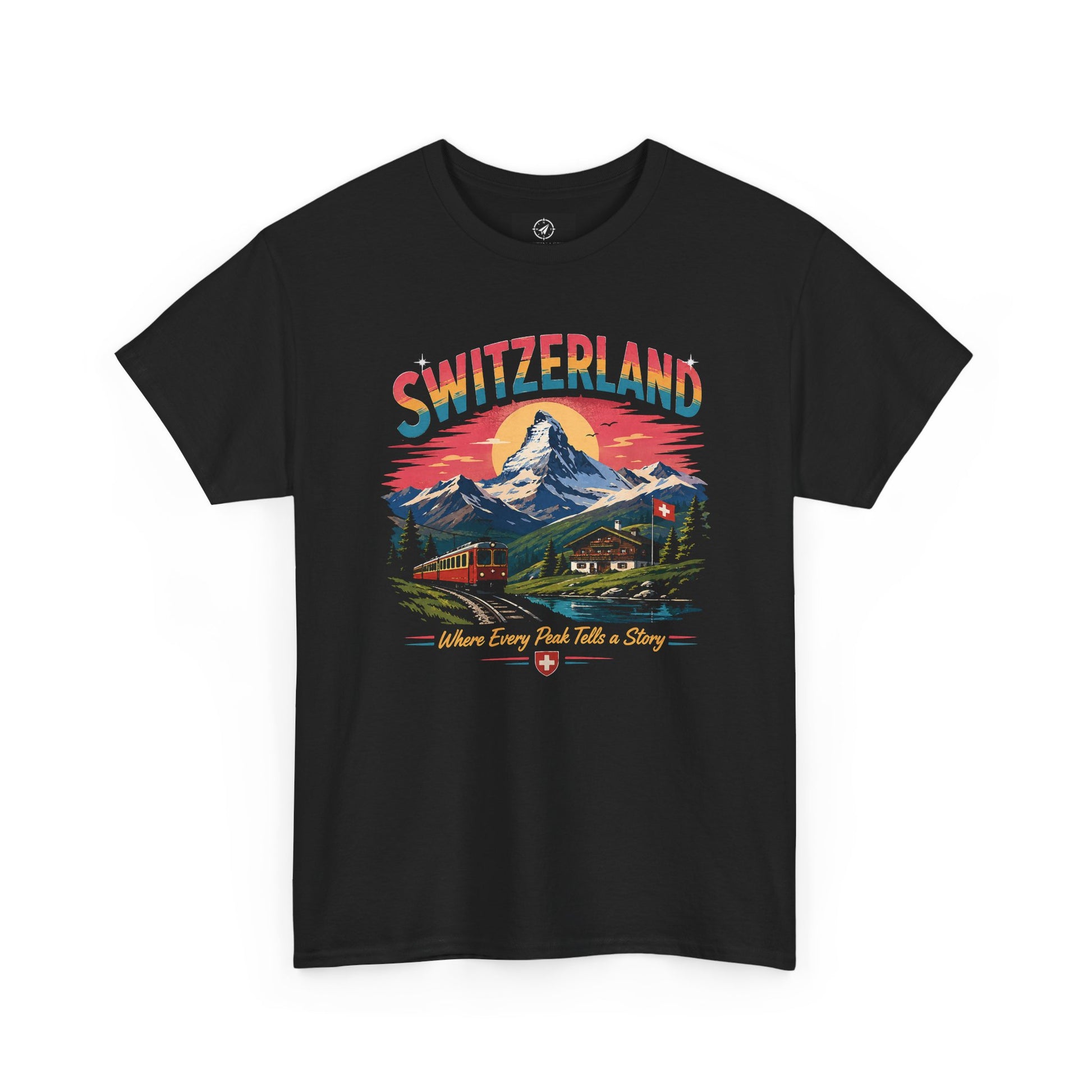 Black Switzerland mountain vintage T-shirt with colorful front graphic.