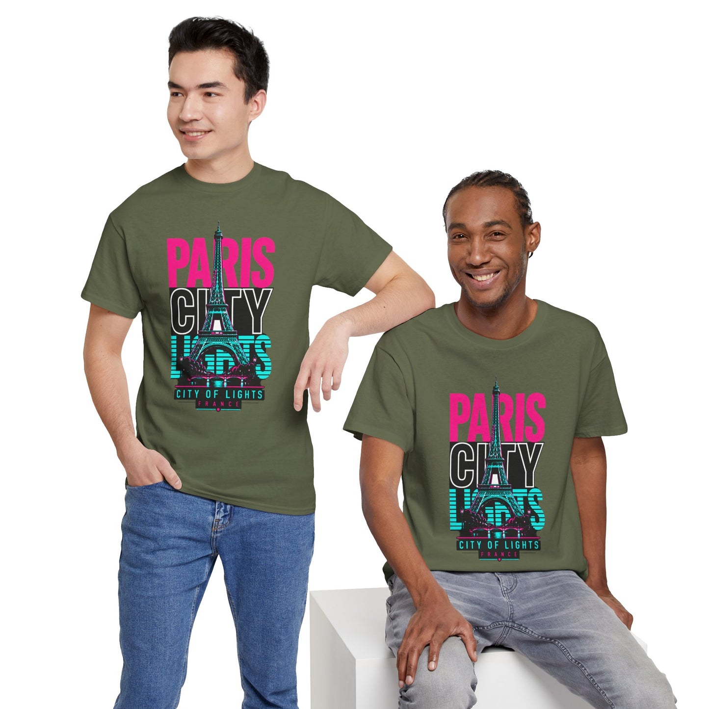 Crew-neck T-shirt, olive green with neon-style “Paris City of Lights” Eiffel Tower graphic
