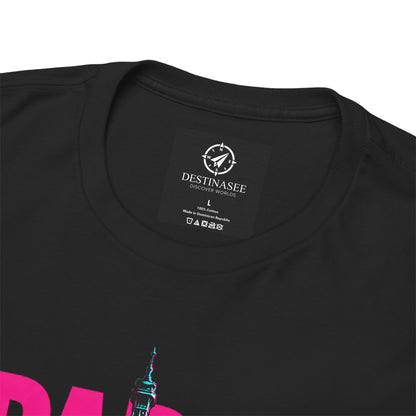 Black T-shirt close-up: neck label and neon Eiffel graphic