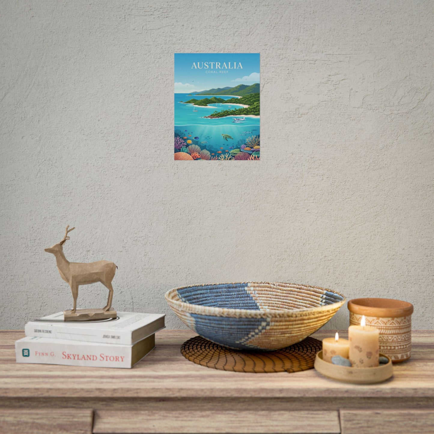 Australia coral reef rolled poster displayed on wall, featuring turquoise ocean, corals, and fish.