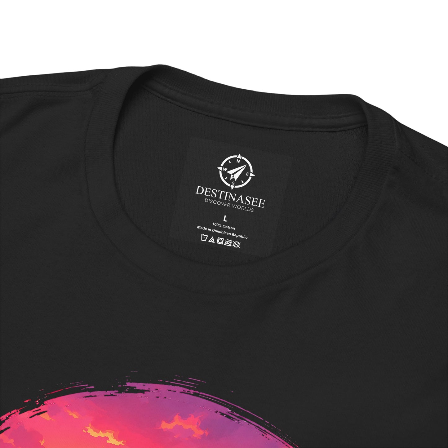 Black t-shirt close-up: neck label and partial Busan sunset print.