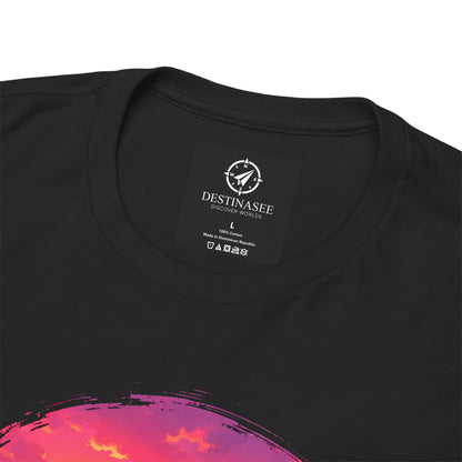 Black t-shirt close-up: neck label and partial Busan sunset print.