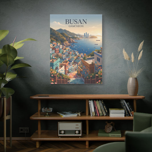 Matte canvas wall art: vertical view of Busan Gamcheon harbor coast with colorful houses