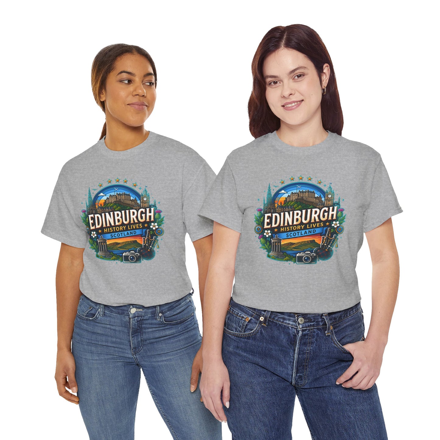 Heather gray crew-neck T-shirt with colorful Edinburgh history graphic