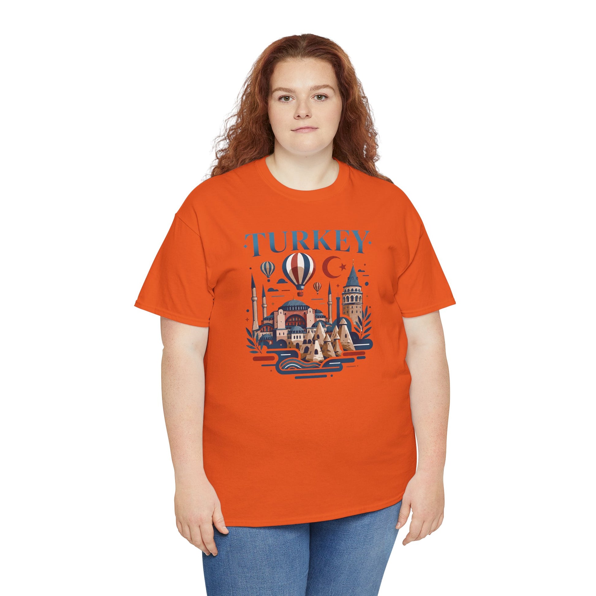 Bright orange T-shirt with Turkey skyline graphic, hot air balloons and crescent moon