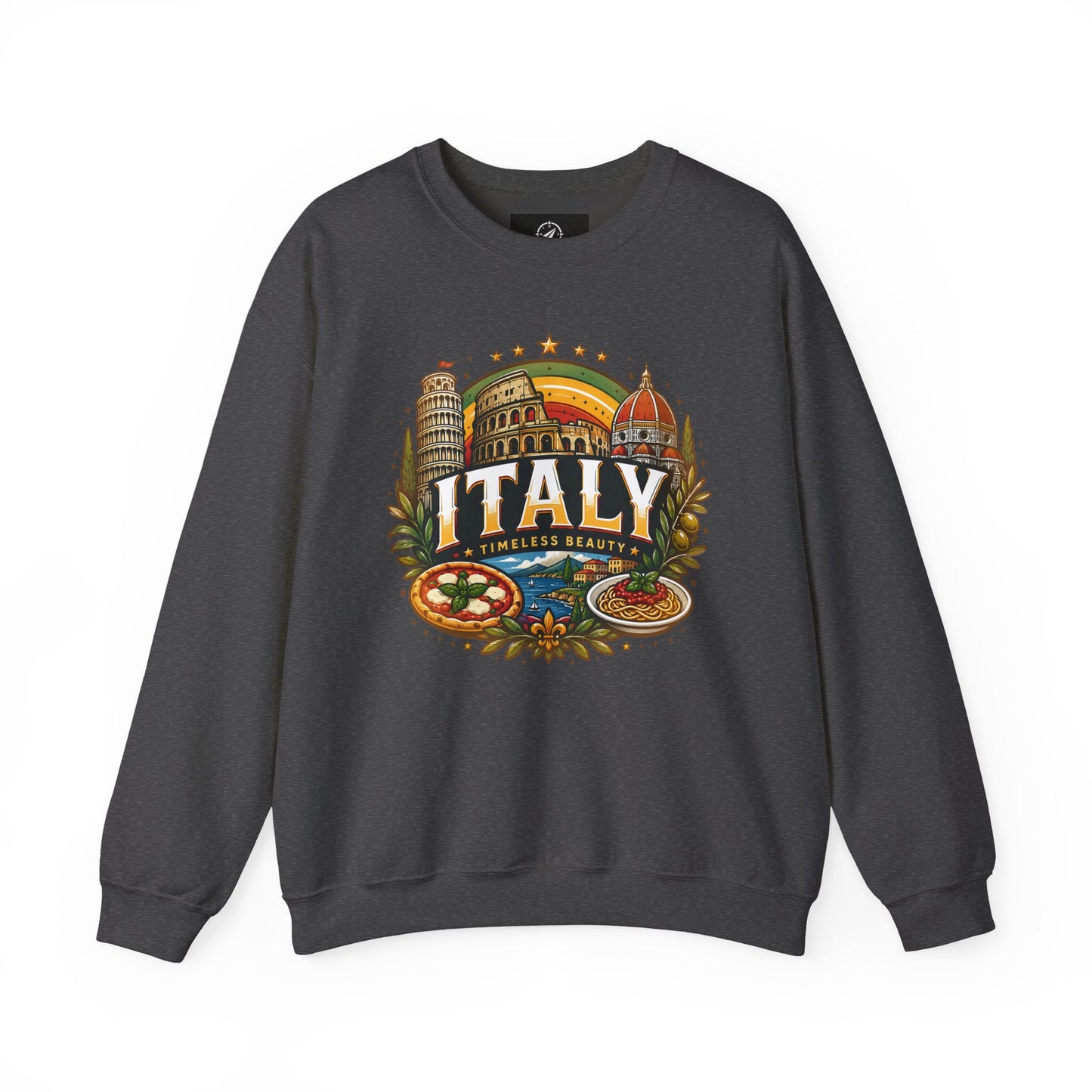 Dark gray crewneck sweatshirt with colorful Italy graphic on the front.