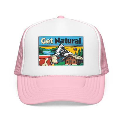Get Natural trucker hat with Swiss landscape patch, white front and light pink brim with pink mesh.