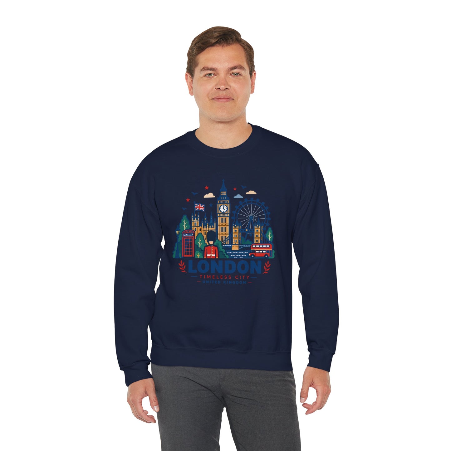 Navy crewneck sweatshirt with colorful London skyline graphic on front