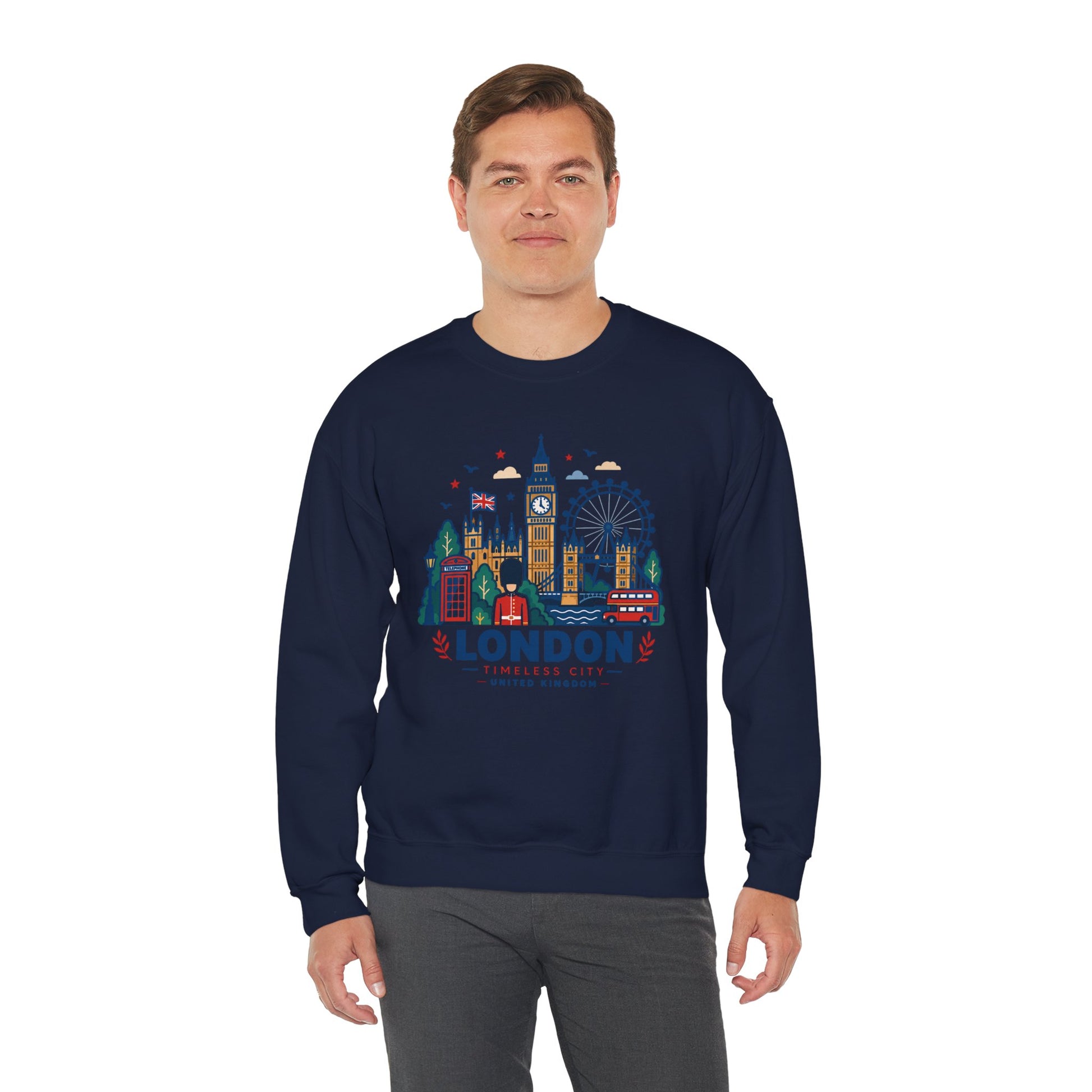 Navy crewneck sweatshirt with colorful London skyline graphic on front