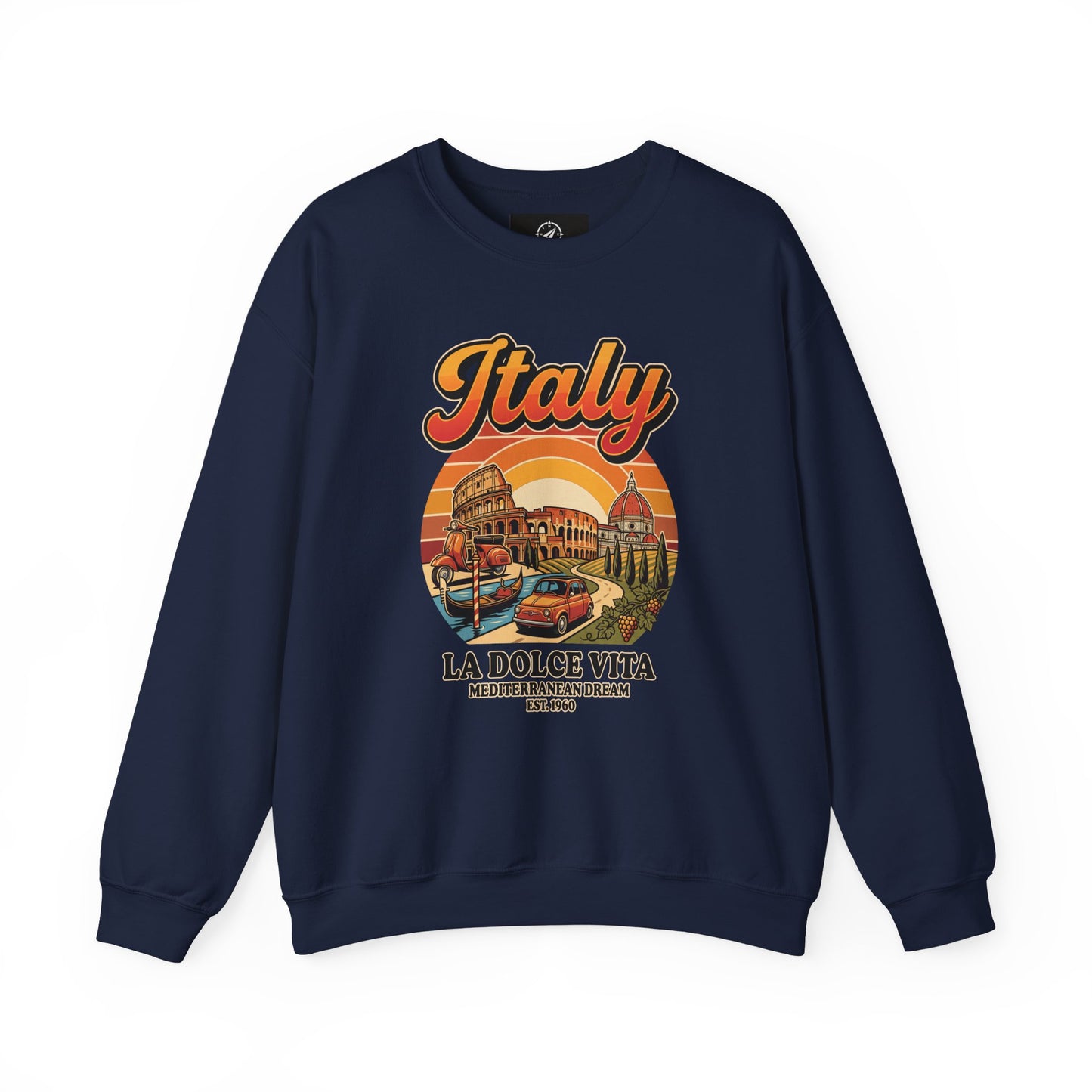 Navy crewneck sweatshirt with multicolor “Italy La Dolce Vita” graphic on front
