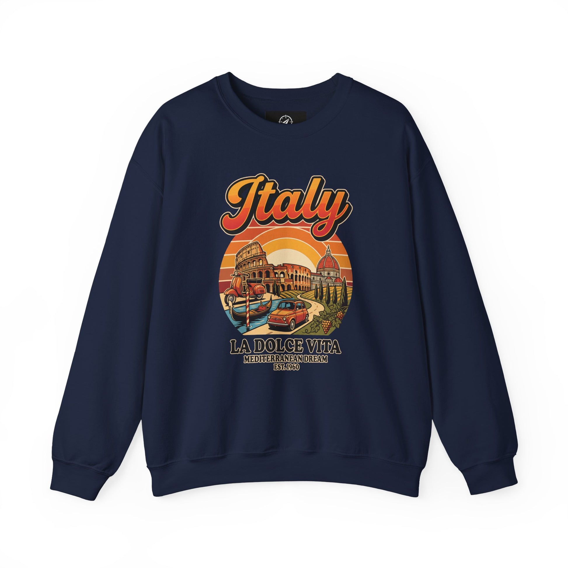 Navy crewneck sweatshirt with multicolor “Italy La Dolce Vita” graphic on front