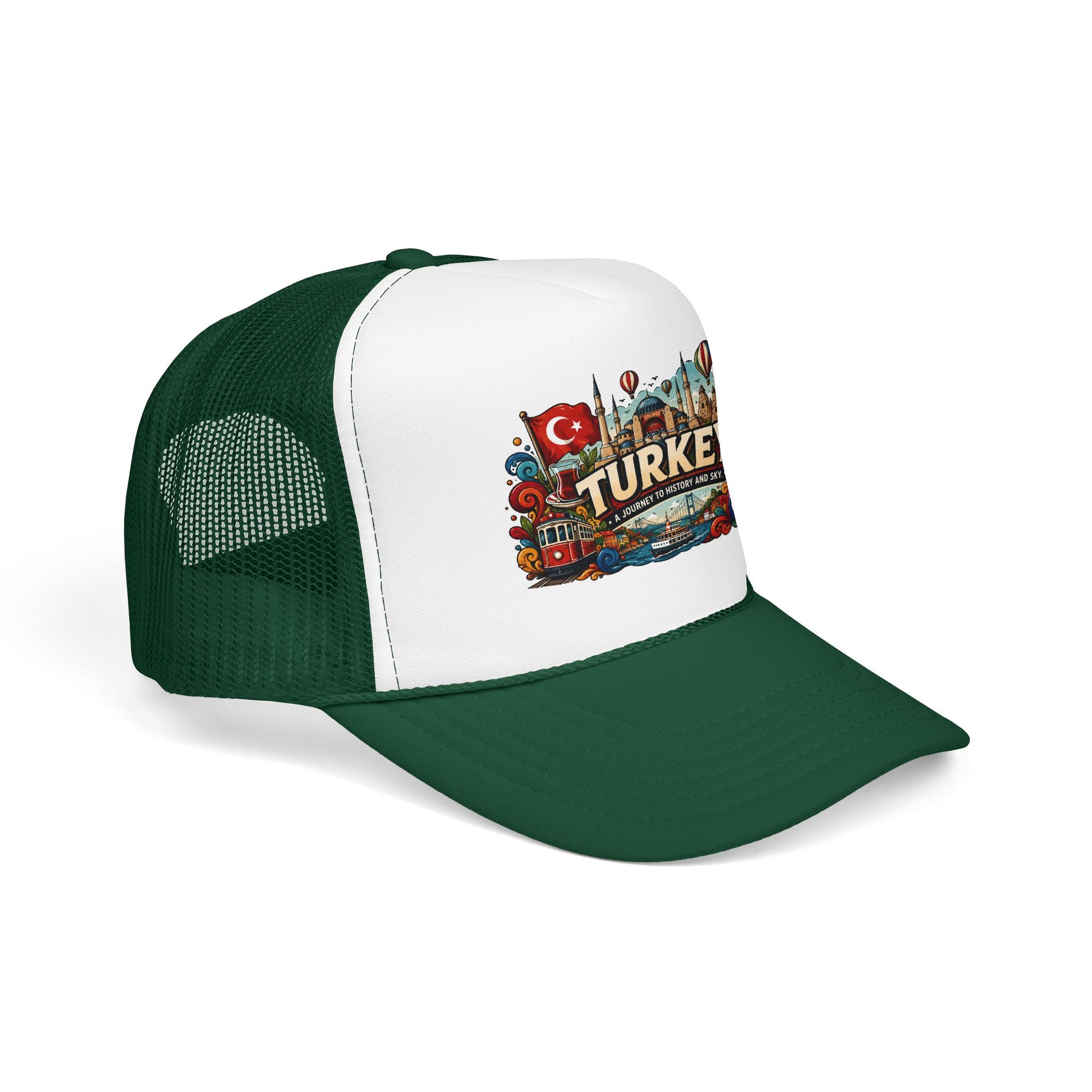 Dark green and white trucker hat with colorful Turkey emblem patch on the front