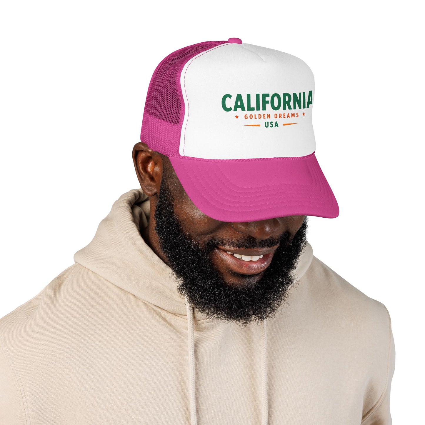 Pink mesh trucker hat with white front and green “CALIFORNIA GOLD DREAMS USA” patch