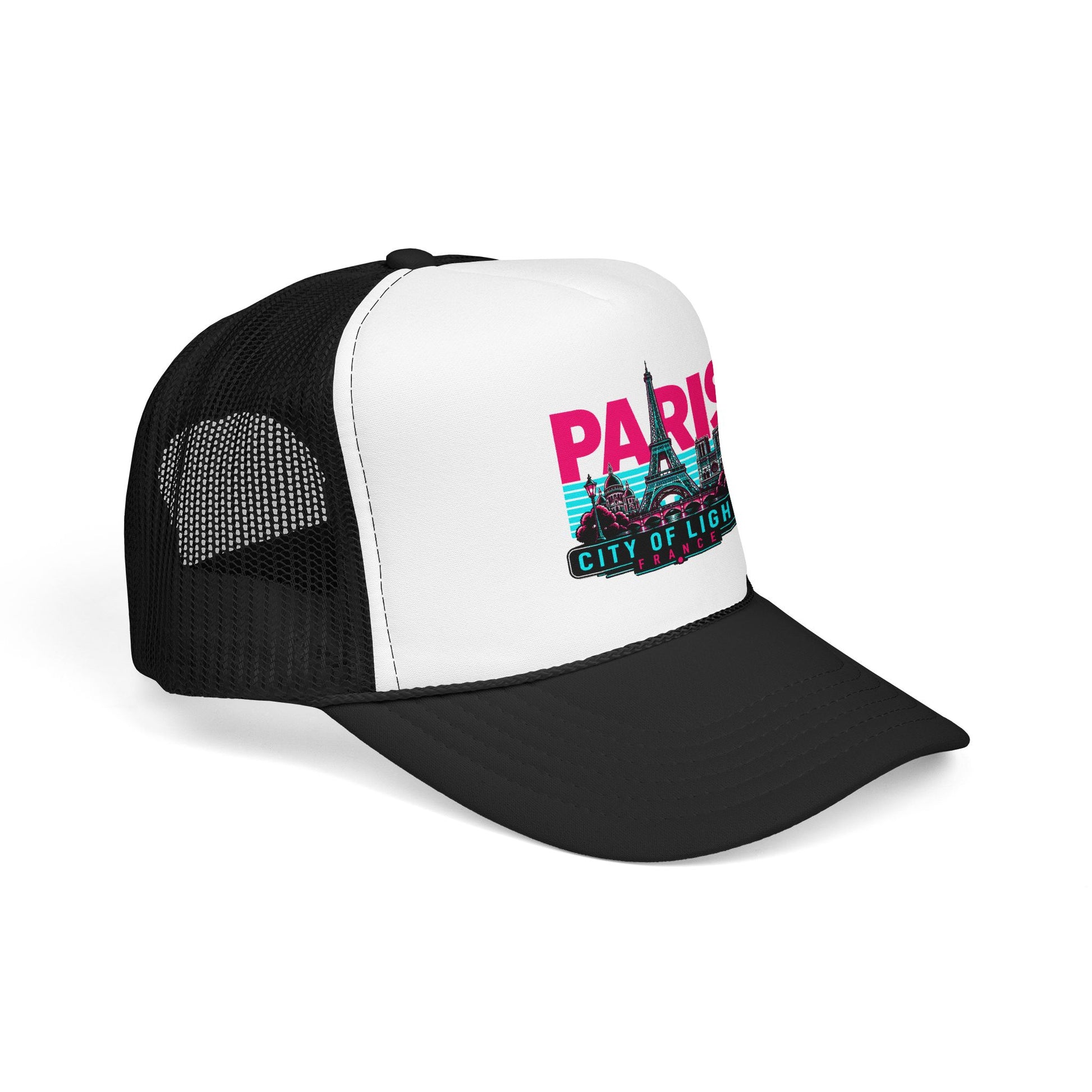 Black and white trucker hat with black brim; Paris City of Lights logo on front