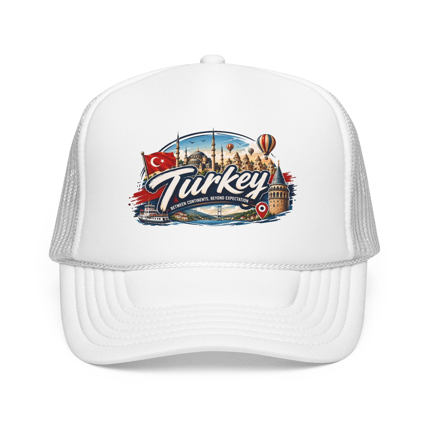 White trucker hat with mesh back and Turkey-themed front graphic