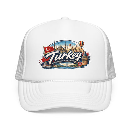 White trucker hat with mesh back and Turkey-themed front graphic