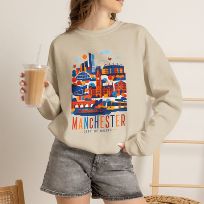 Light sand crewneck sweatshirt with colorful Manchester city graphic on front