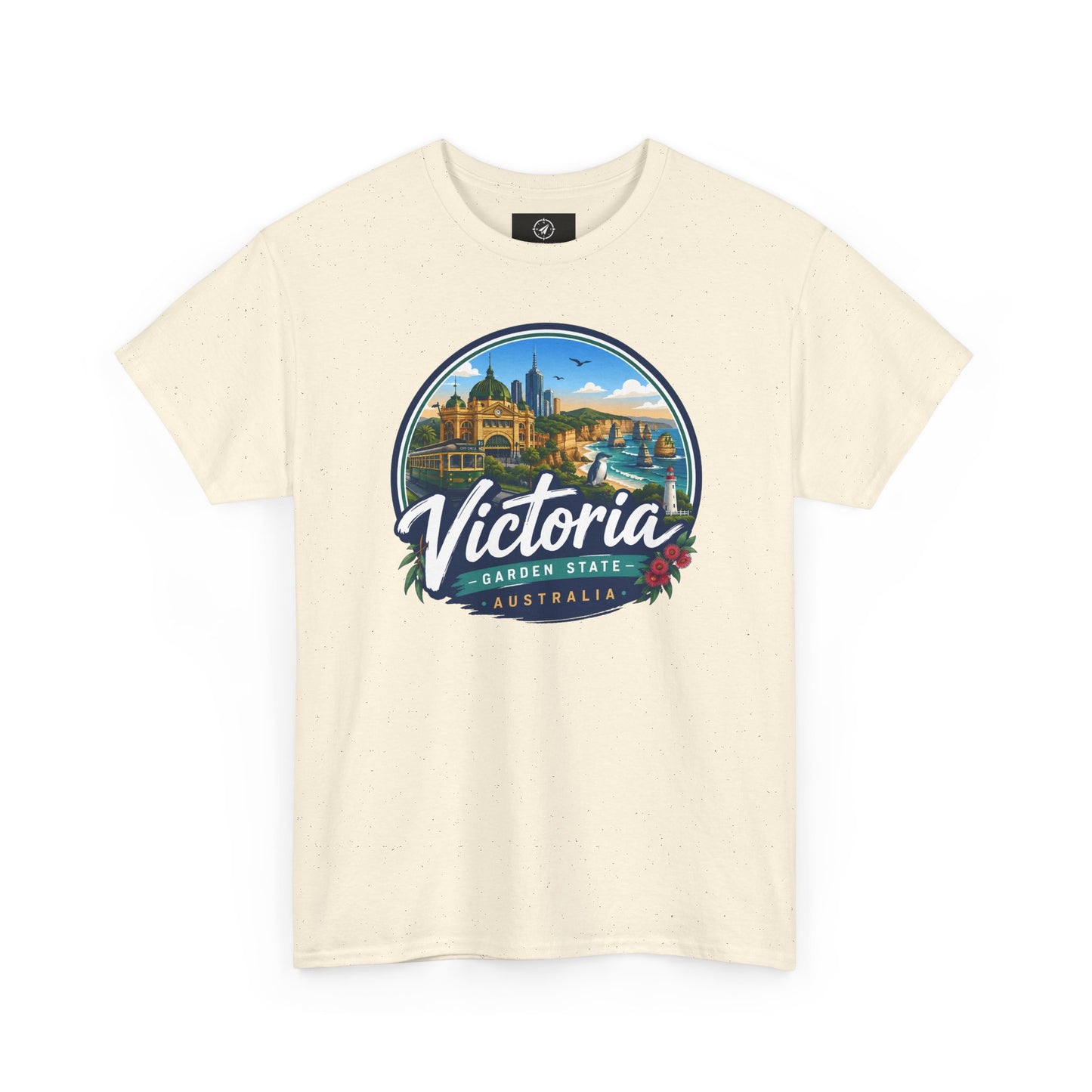 Natural off-white travel tee with Victoria graphic logo on the chest